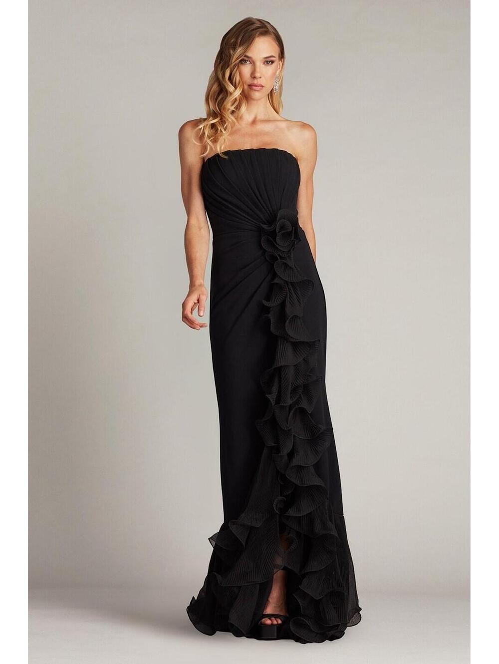 New Tadashi Shoji Leith Cascading Ruffle Gown in Black Sz L $538